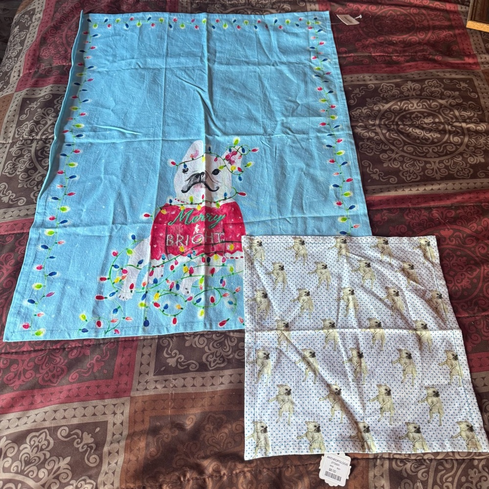 Anthropology French Bulldog Frenchie Towel Retired Holiday Large + Napkin NWT!